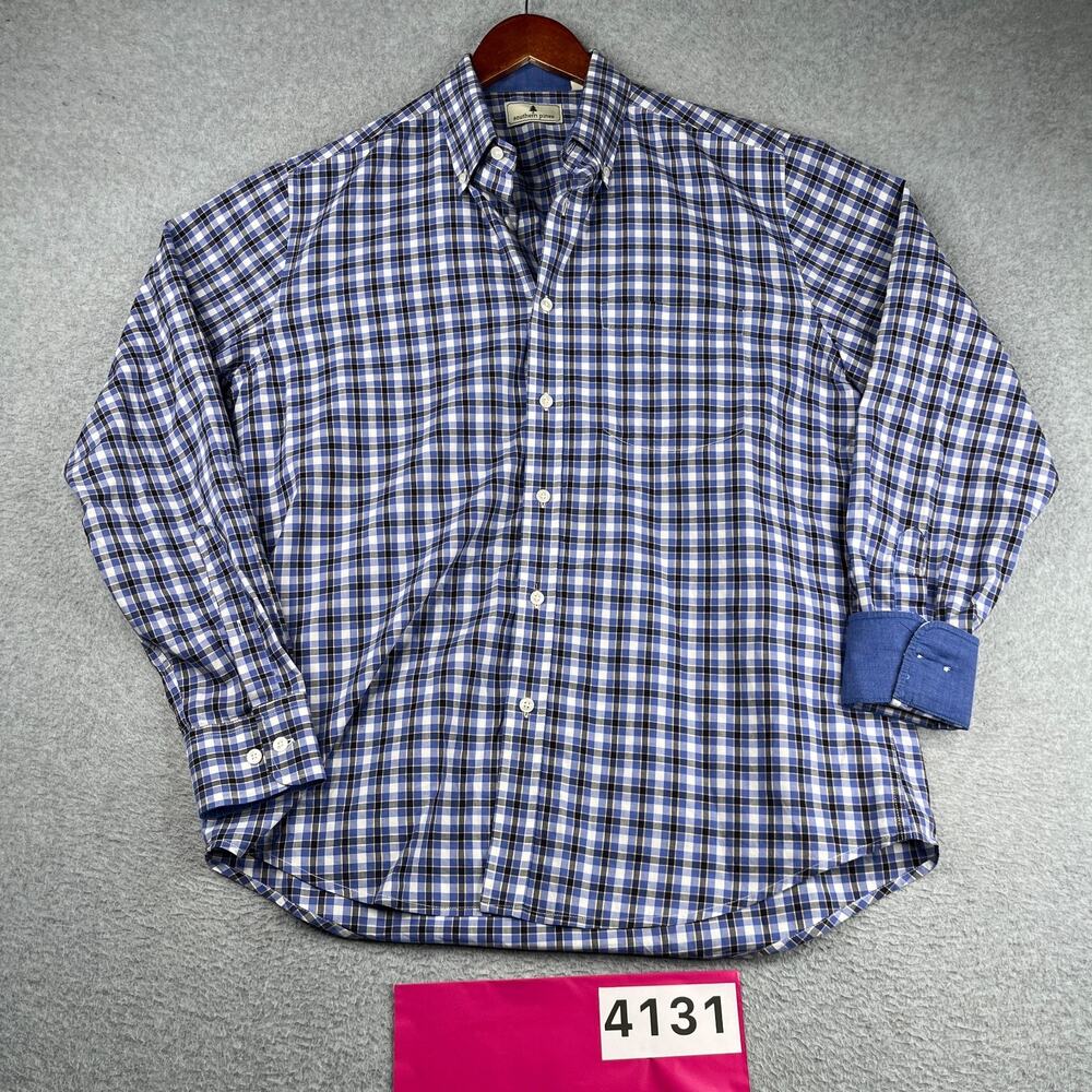 Southern Pines Shirt Blue Check Casual Flip Cuff Button Up Long Sleeve Mens M